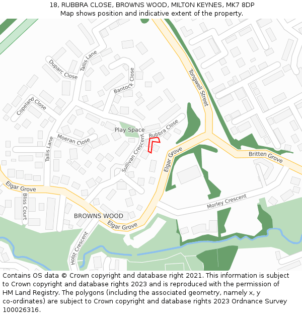 18, RUBBRA CLOSE, BROWNS WOOD, MILTON KEYNES, MK7 8DP: Location map and indicative extent of plot