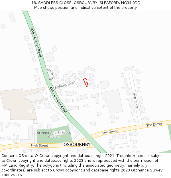 18, SADDLERS CLOSE, OSBOURNBY, SLEAFORD, NG34 0DD: Location map and indicative extent of plot