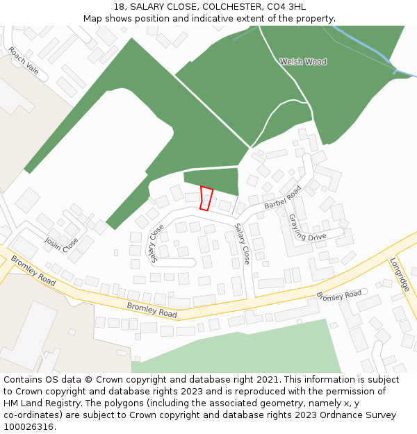 18, SALARY CLOSE, COLCHESTER, CO4 3HL: Location map and indicative extent of plot