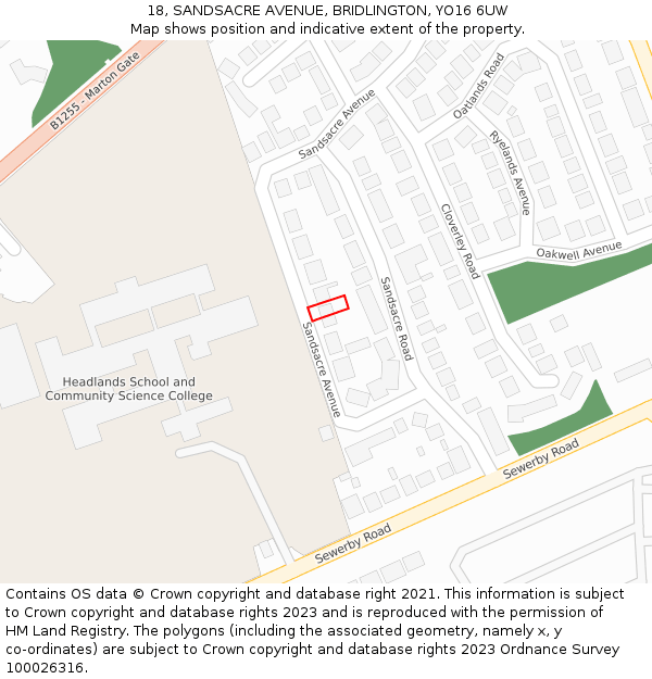 18, SANDSACRE AVENUE, BRIDLINGTON, YO16 6UW: Location map and indicative extent of plot