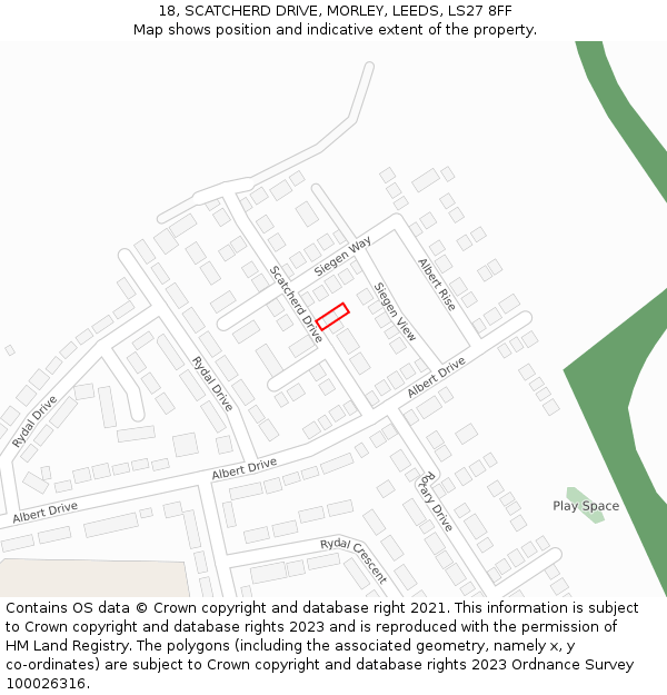 18, SCATCHERD DRIVE, MORLEY, LEEDS, LS27 8FF: Location map and indicative extent of plot