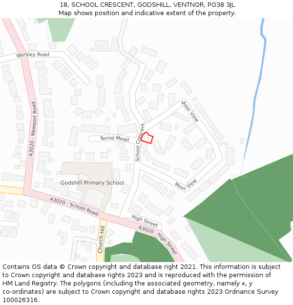 18, SCHOOL CRESCENT, GODSHILL, VENTNOR, PO38 3JL: Location map and indicative extent of plot