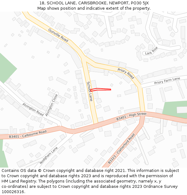 18, SCHOOL LANE, CARISBROOKE, NEWPORT, PO30 5JX: Location map and indicative extent of plot