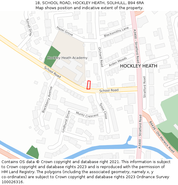 18, SCHOOL ROAD, HOCKLEY HEATH, SOLIHULL, B94 6RA: Location map and indicative extent of plot