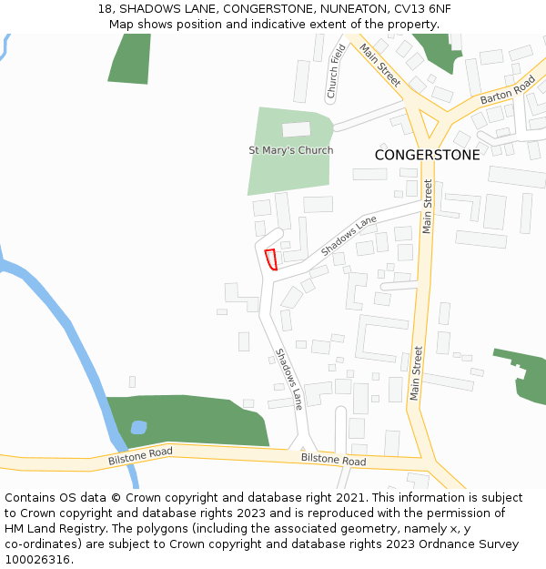 18, SHADOWS LANE, CONGERSTONE, NUNEATON, CV13 6NF: Location map and indicative extent of plot