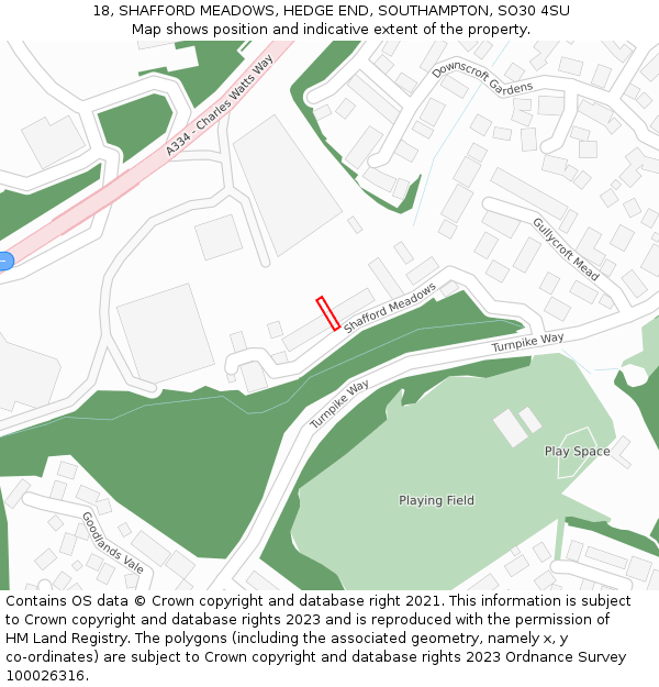 18, SHAFFORD MEADOWS, HEDGE END, SOUTHAMPTON, SO30 4SU: Location map and indicative extent of plot