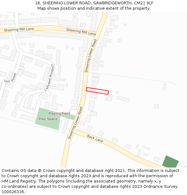 18, SHEERING LOWER ROAD, SAWBRIDGEWORTH, CM21 9LF: Location map and indicative extent of plot