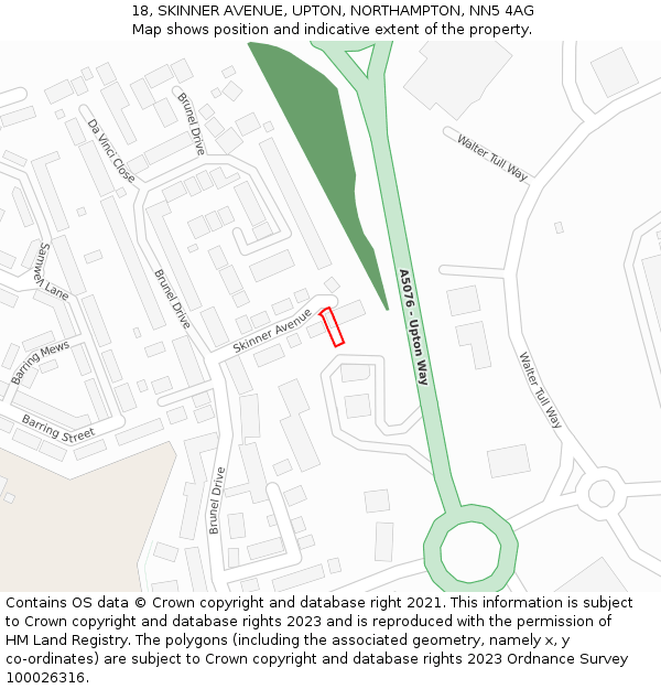 18, SKINNER AVENUE, UPTON, NORTHAMPTON, NN5 4AG: Location map and indicative extent of plot