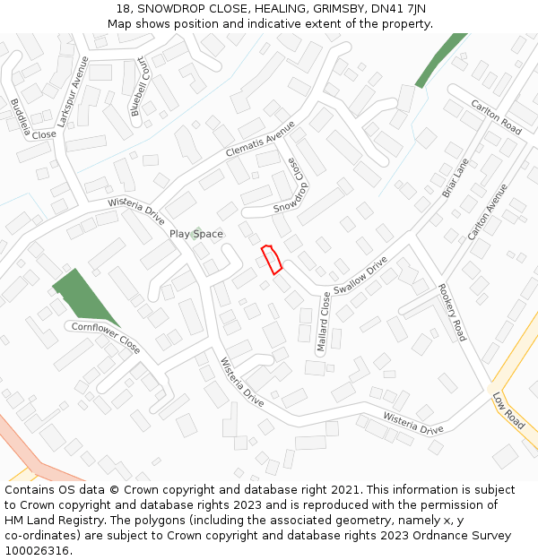 18, SNOWDROP CLOSE, HEALING, GRIMSBY, DN41 7JN: Location map and indicative extent of plot