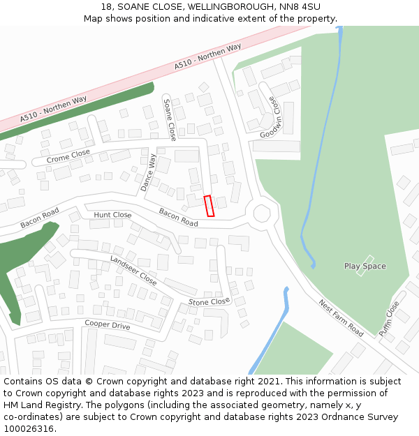 18, SOANE CLOSE, WELLINGBOROUGH, NN8 4SU: Location map and indicative extent of plot