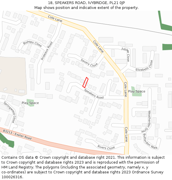 18, SPEAKERS ROAD, IVYBRIDGE, PL21 0JP: Location map and indicative extent of plot