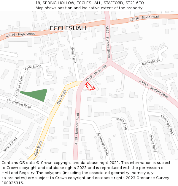 18, SPRING HOLLOW, ECCLESHALL, STAFFORD, ST21 6EQ: Location map and indicative extent of plot