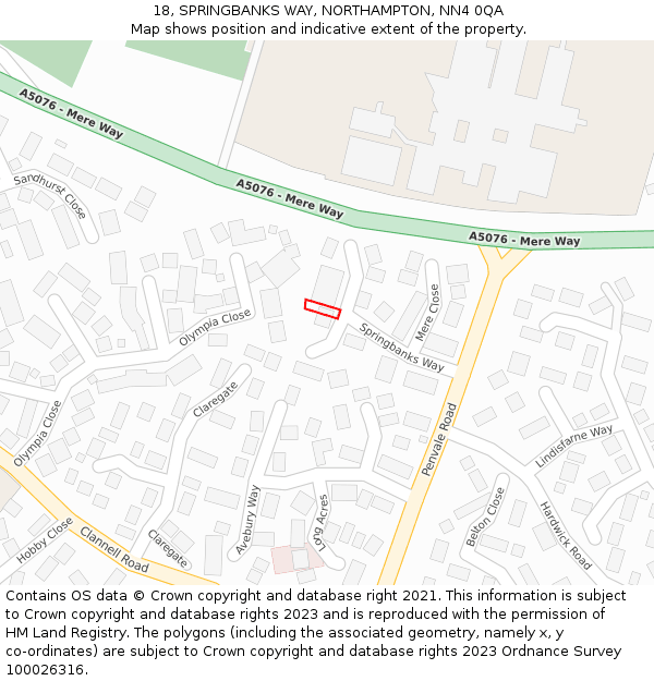18, SPRINGBANKS WAY, NORTHAMPTON, NN4 0QA: Location map and indicative extent of plot