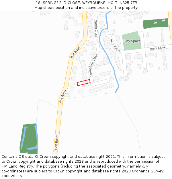 18, SPRINGFIELD CLOSE, WEYBOURNE, HOLT, NR25 7TB: Location map and indicative extent of plot