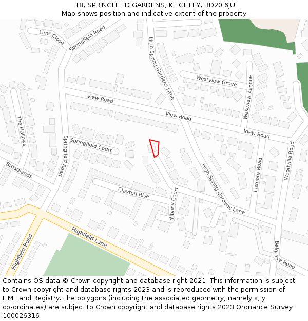 18, SPRINGFIELD GARDENS, KEIGHLEY, BD20 6JU: Location map and indicative extent of plot