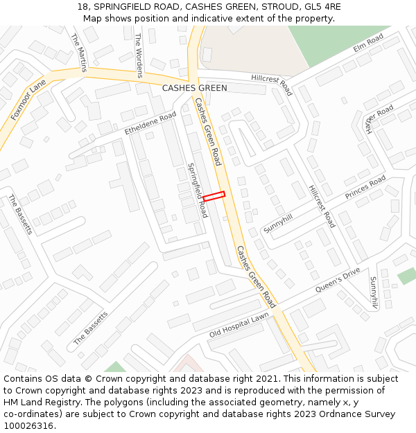 18, SPRINGFIELD ROAD, CASHES GREEN, STROUD, GL5 4RE: Location map and indicative extent of plot