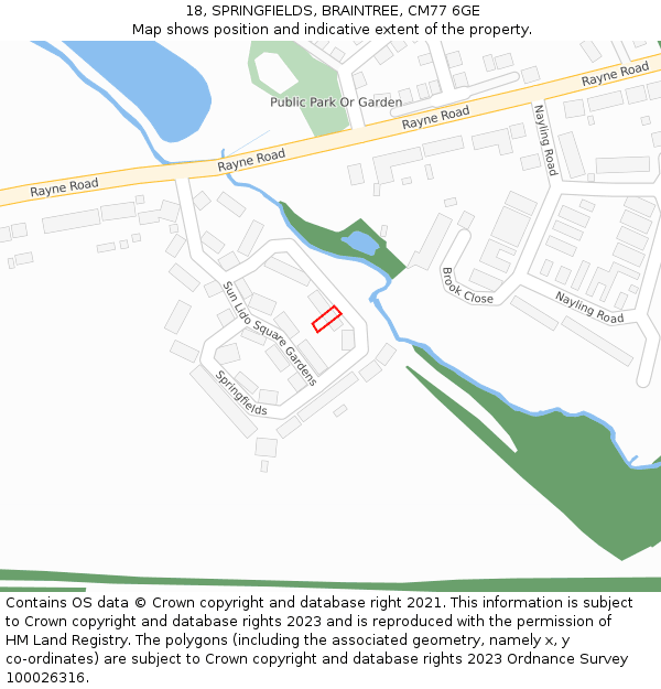 18, SPRINGFIELDS, BRAINTREE, CM77 6GE: Location map and indicative extent of plot