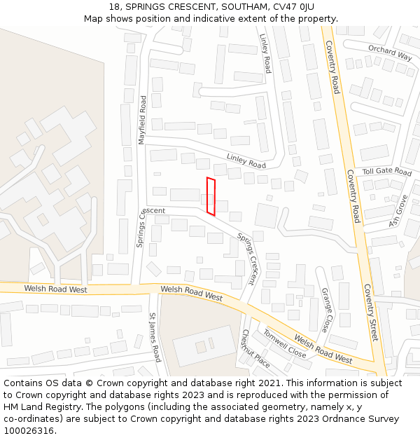 18, SPRINGS CRESCENT, SOUTHAM, CV47 0JU: Location map and indicative extent of plot