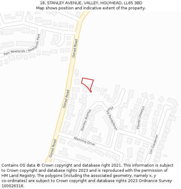 18, STANLEY AVENUE, VALLEY, HOLYHEAD, LL65 3BD: Location map and indicative extent of plot