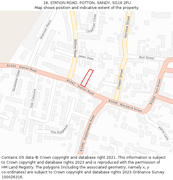 18, STATION ROAD, POTTON, SANDY, SG19 2PU: Location map and indicative extent of plot