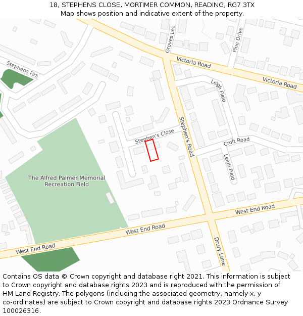 18, STEPHENS CLOSE, MORTIMER COMMON, READING, RG7 3TX: Location map and indicative extent of plot