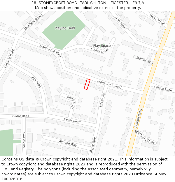 18, STONEYCROFT ROAD, EARL SHILTON, LEICESTER, LE9 7JA: Location map and indicative extent of plot