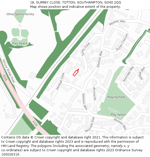 18, SURREY CLOSE, TOTTON, SOUTHAMPTON, SO40 2QQ: Location map and indicative extent of plot