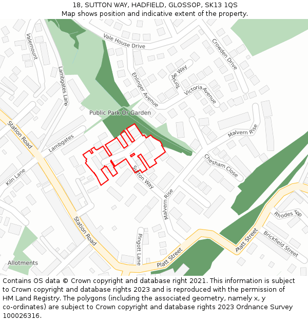 18, SUTTON WAY, HADFIELD, GLOSSOP, SK13 1QS: Location map and indicative extent of plot