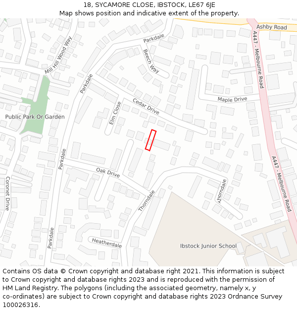 18, SYCAMORE CLOSE, IBSTOCK, LE67 6JE: Location map and indicative extent of plot