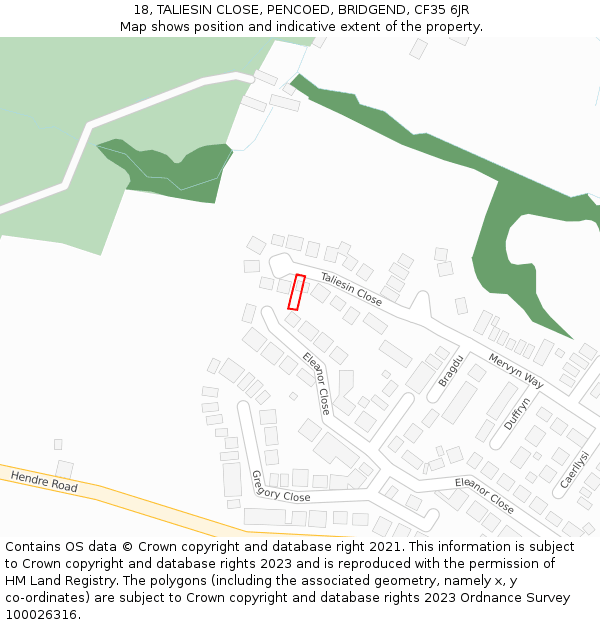 18, TALIESIN CLOSE, PENCOED, BRIDGEND, CF35 6JR: Location map and indicative extent of plot