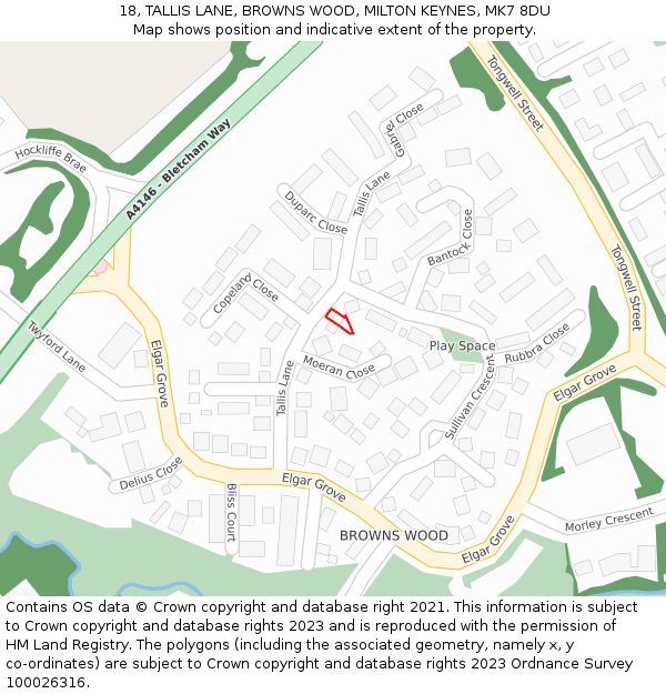 18, TALLIS LANE, BROWNS WOOD, MILTON KEYNES, MK7 8DU: Location map and indicative extent of plot