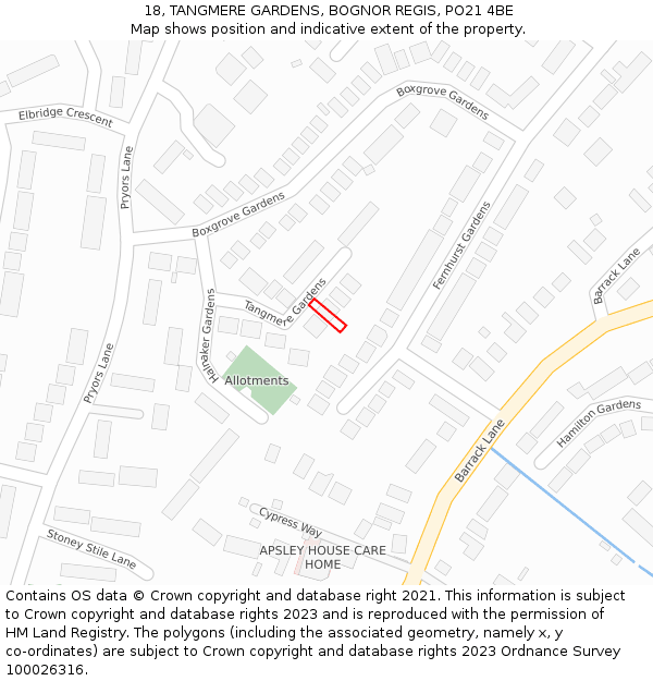 18, TANGMERE GARDENS, BOGNOR REGIS, PO21 4BE: Location map and indicative extent of plot