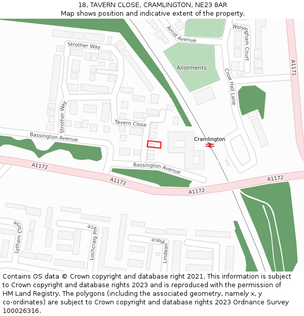 18, TAVERN CLOSE, CRAMLINGTON, NE23 8AR: Location map and indicative extent of plot