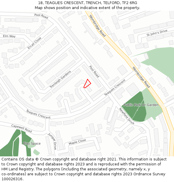 18, TEAGUES CRESCENT, TRENCH, TELFORD, TF2 6RG: Location map and indicative extent of plot