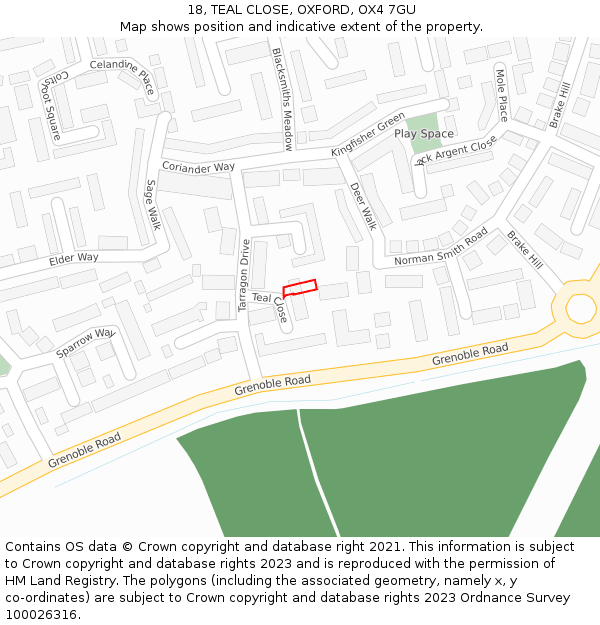 18, TEAL CLOSE, OXFORD, OX4 7GU: Location map and indicative extent of plot