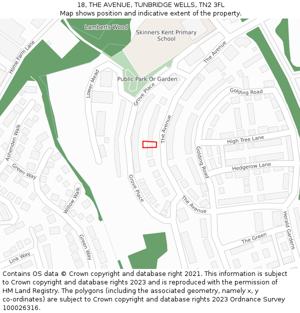 18, THE AVENUE, TUNBRIDGE WELLS, TN2 3FL: Location map and indicative extent of plot