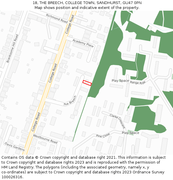 18, THE BREECH, COLLEGE TOWN, SANDHURST, GU47 0PN: Location map and indicative extent of plot