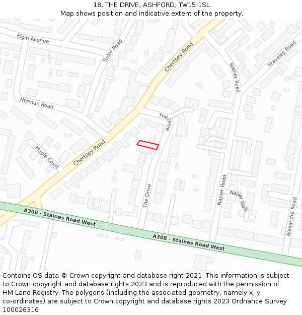 18, THE DRIVE, ASHFORD, TW15 1SL: Location map and indicative extent of plot