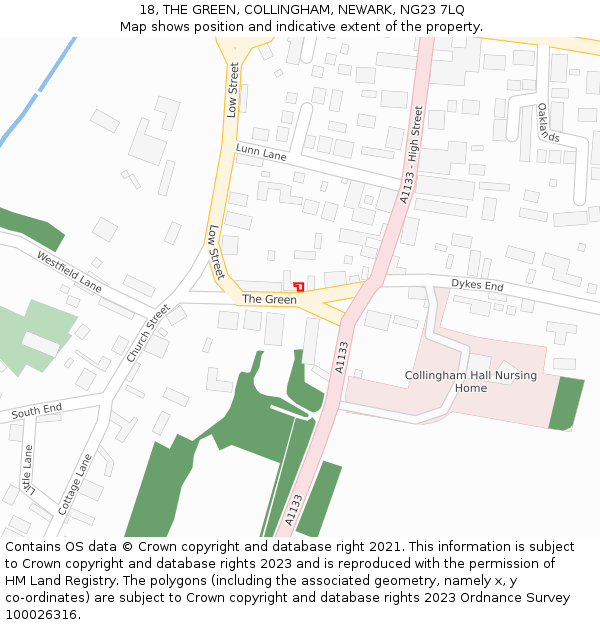 18, THE GREEN, COLLINGHAM, NEWARK, NG23 7LQ: Location map and indicative extent of plot