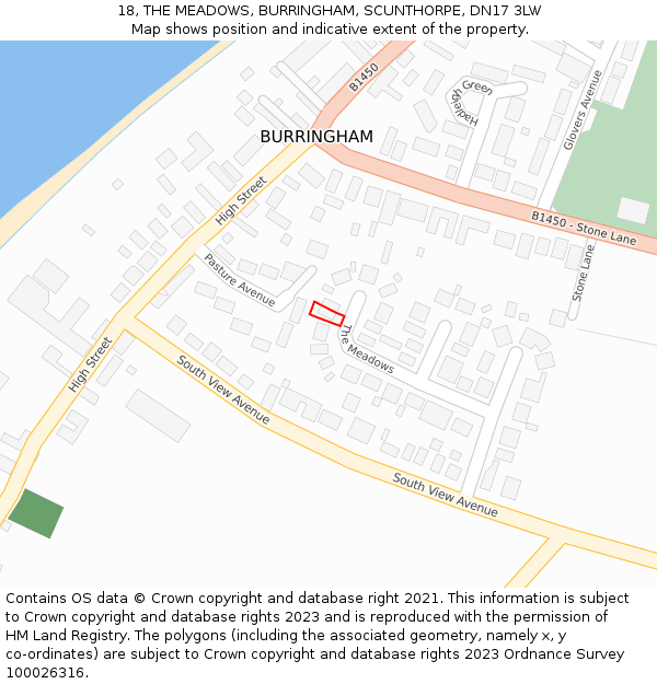 18, THE MEADOWS, BURRINGHAM, SCUNTHORPE, DN17 3LW: Location map and indicative extent of plot