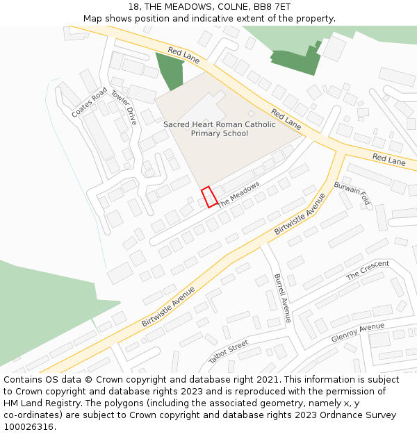 18, THE MEADOWS, COLNE, BB8 7ET: Location map and indicative extent of plot