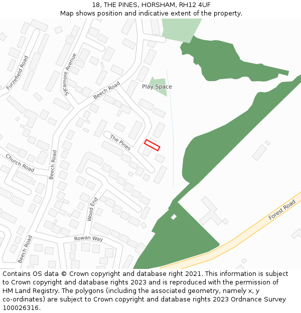 18, THE PINES, HORSHAM, RH12 4UF: Location map and indicative extent of plot