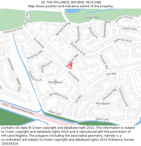 18, THE POLLARDS, BOURNE, PE10 0QB: Location map and indicative extent of plot