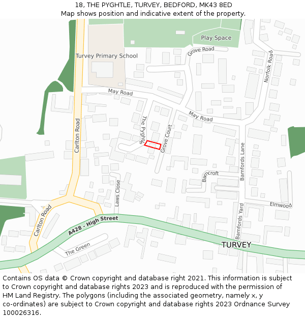 18, THE PYGHTLE, TURVEY, BEDFORD, MK43 8ED: Location map and indicative extent of plot