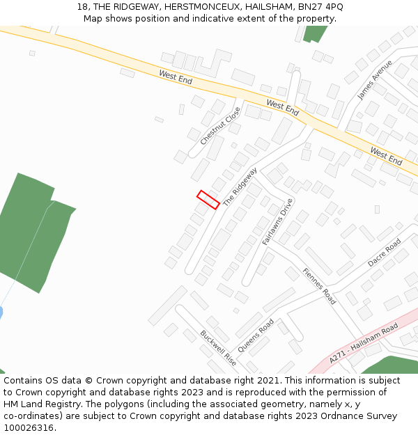 18, THE RIDGEWAY, HERSTMONCEUX, HAILSHAM, BN27 4PQ: Location map and indicative extent of plot