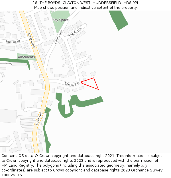 18, THE ROYDS, CLAYTON WEST, HUDDERSFIELD, HD8 9PL: Location map and indicative extent of plot