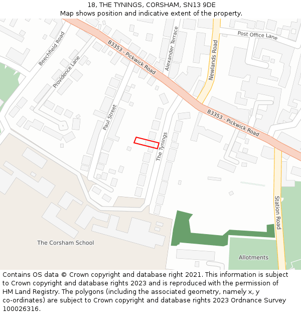 18, THE TYNINGS, CORSHAM, SN13 9DE: Location map and indicative extent of plot