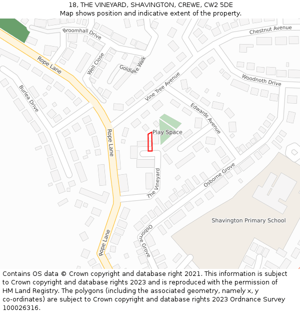 18, THE VINEYARD, SHAVINGTON, CREWE, CW2 5DE: Location map and indicative extent of plot