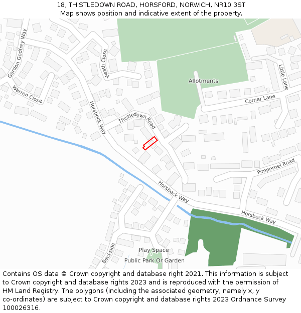 18, THISTLEDOWN ROAD, HORSFORD, NORWICH, NR10 3ST: Location map and indicative extent of plot