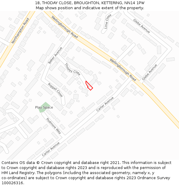 18, THODAY CLOSE, BROUGHTON, KETTERING, NN14 1PW: Location map and indicative extent of plot